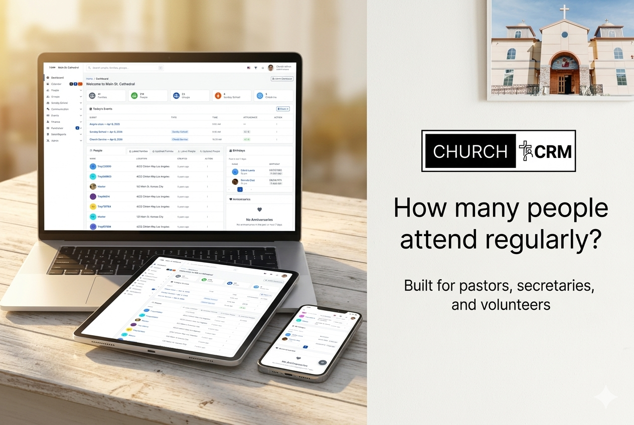 A church volunteer at a laptop, illustrating the early days of building ChurchCRM