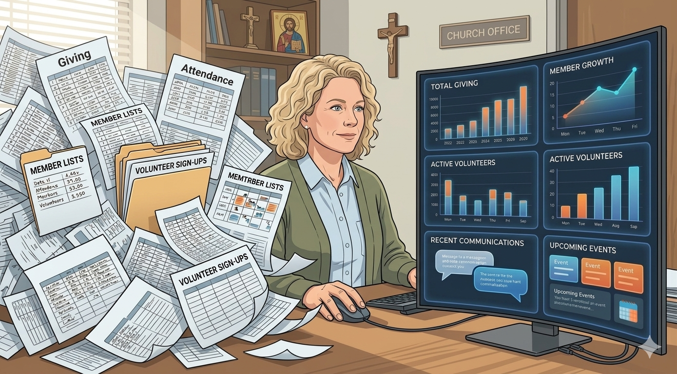 Illustration of a church admin moving from scattered spreadsheets to one organized dashboard