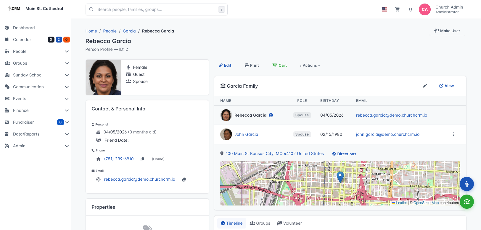 ChurchCRM 7.1.0 dashboard interface showing people, families, groups, and birthday tracking