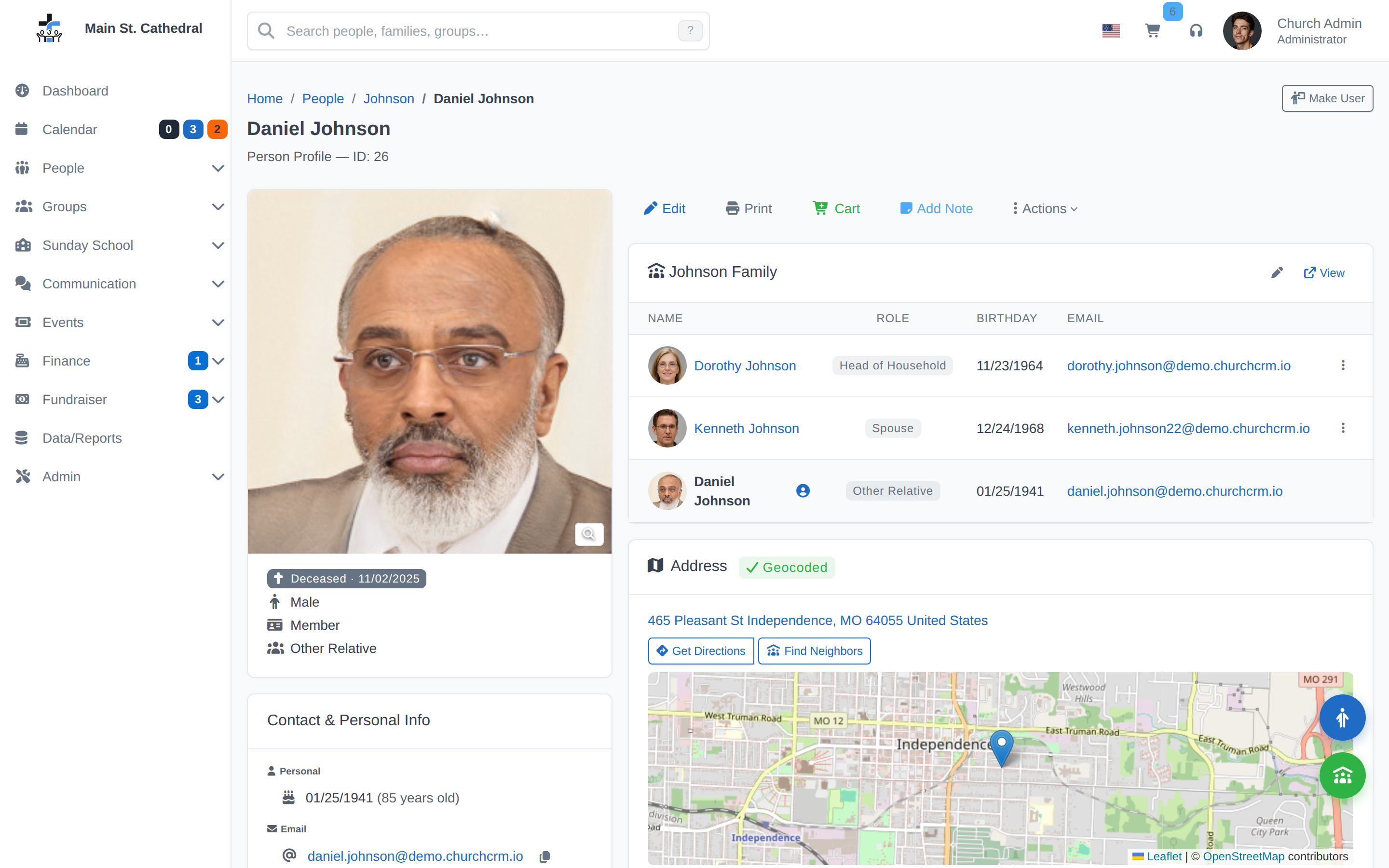 ChurchCRM person profile showing the Deceased badge with date