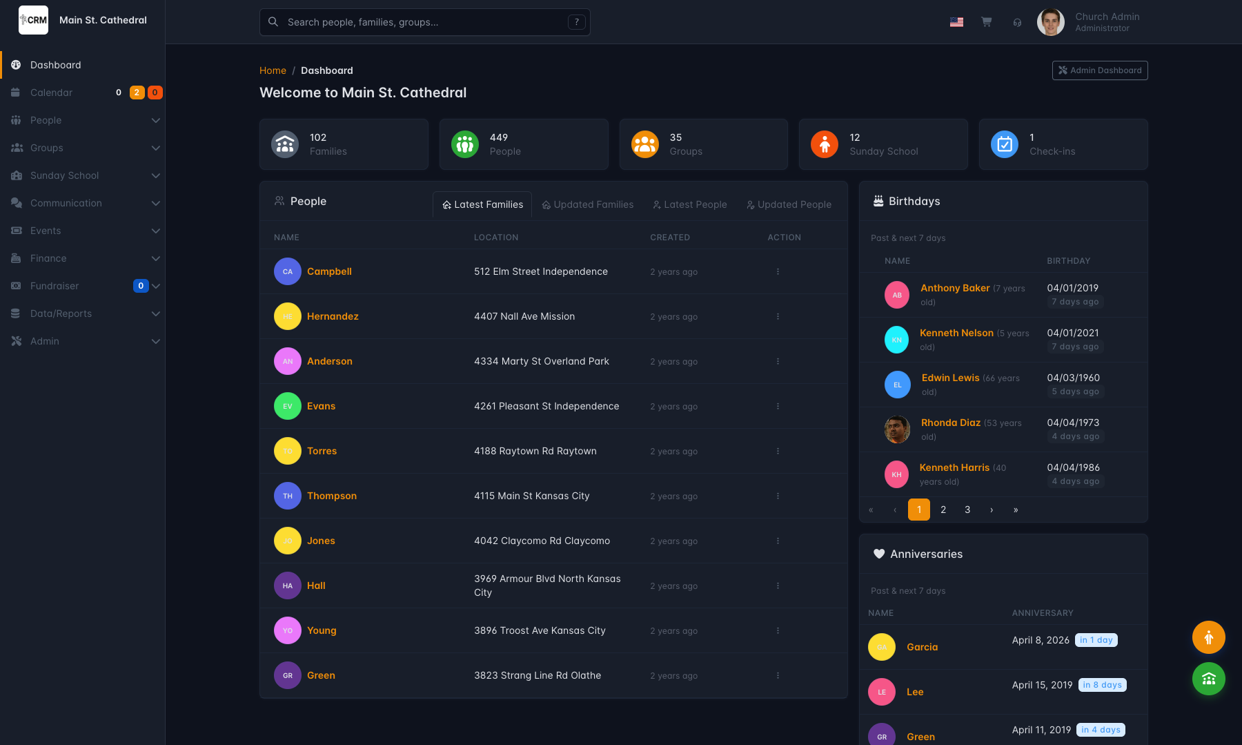 ChurchCRM user settings page showing dark mode and accent color options